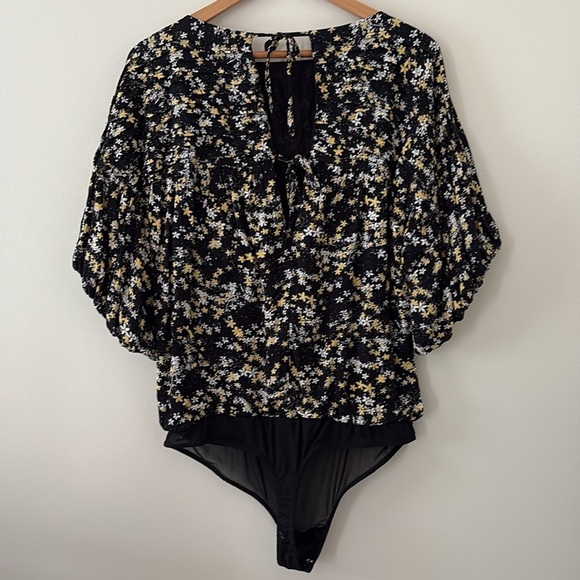 Free People Intimately Dessa Bodysuit Floral Printed Pintuck Black Top Size L - Picture 6 of 16